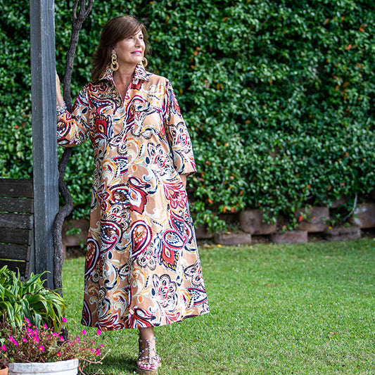 Sylvia - Shirt dress in paisley dark reds & browns SKU 34