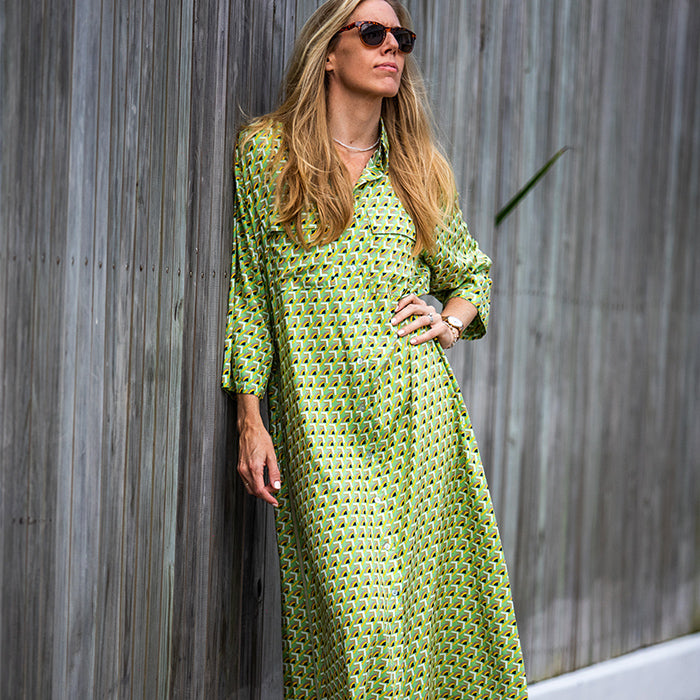 Sylvia - Shirt dress in green geometric print SKU 36